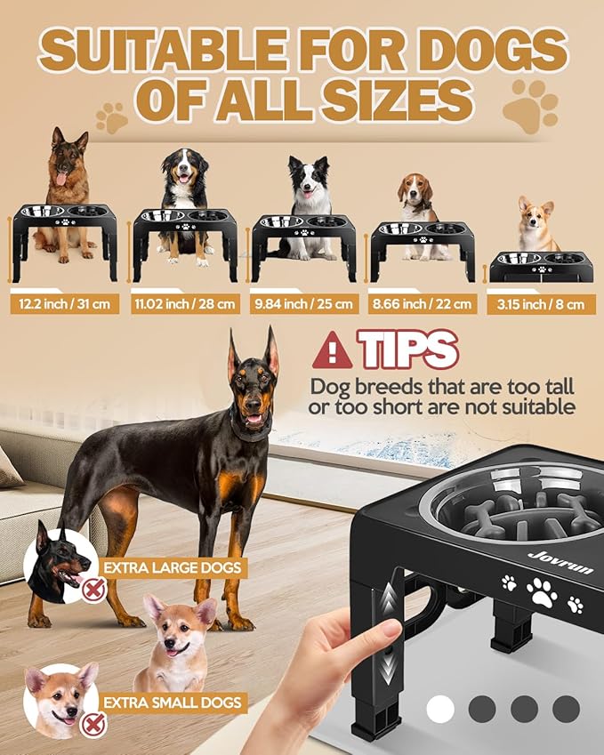 Elevated Dog Bowls, Dog Feeder with 2 Stainless Steel Dishes &1 Slow Feeder Bowl, 5 Heights Adjustable Raised Stand for Medium Large, Food Dishes with Non-Slip Feet
