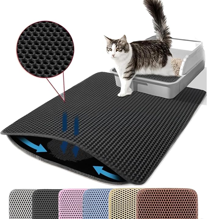 Small Cat Litter Mat, 20x14’’ Double Layer Honeycomb Cat Litter Box Mat, Non Slip Waterproof Urine Proof Litter Trapping Mat for Floor, Kitty Litter Pad, Indoor Pet Supplies, Black