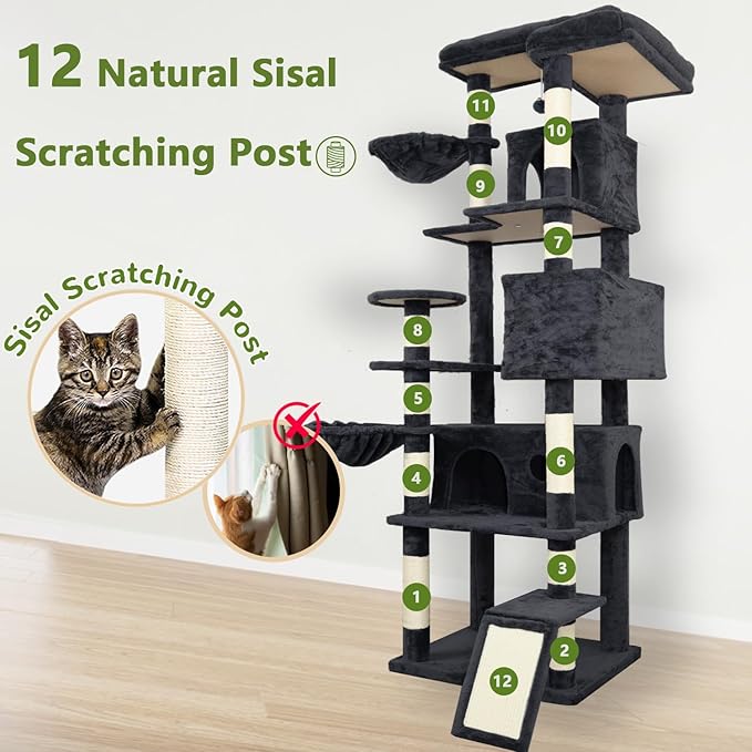 84.6in Cat Tree, Patent Fabric Multilevel Cat Tower for Adult Cats, Climbing Tree House and Towers with Condo Hammock Scratching Post Large Platform Wide Base (Dark Gray, 84 in)