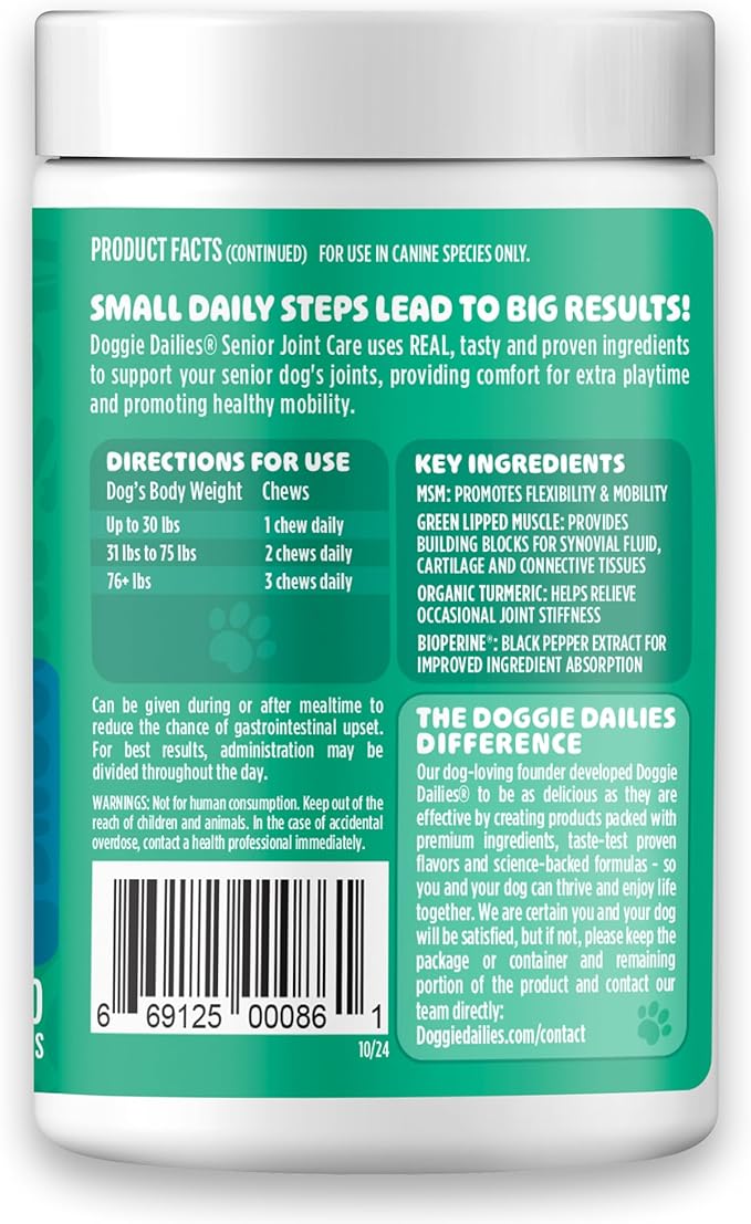 Doggie Dailies, Advanced Senior Hip and Joint Supplement for Dogs, Glucosamine Chondroitin, Premium Hip and Joint Chews for Dogs All Breeds & Sizes, Dog Vitamins and Supplements, (Duck) 120 Chews