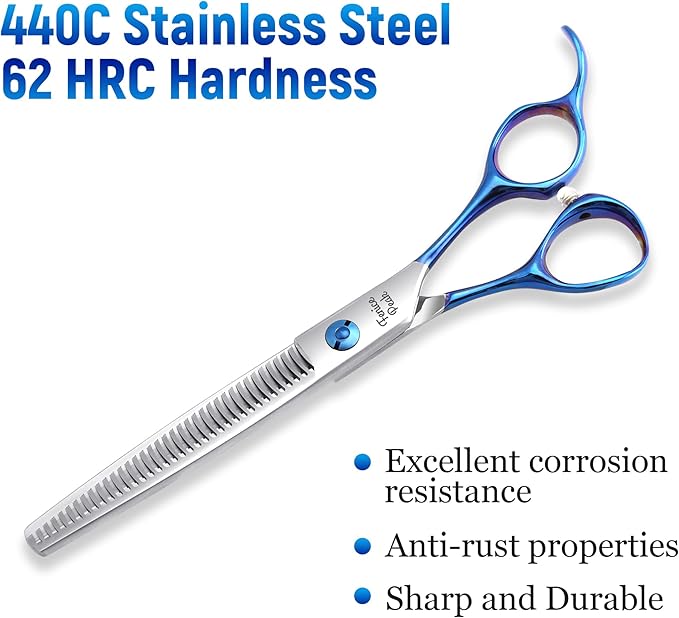 Fenice Peak Grooming Scissors for Dogs 7 inch Thinning Pet Grooming Scissors Ergonomically Designed Blue Handles Ideal Dog Shears for Precise Trimming Easy Use.