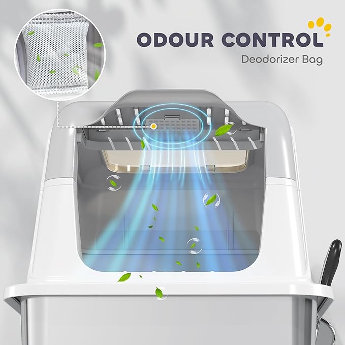 PawHut Stainless Steel Litter Box, Extra Large Enclosed Cat Litter Box with Front-Entry and Top-Exit, Scoop, Deodorizer Bag, Sand Drop Pedal, Anti-Urine Leakage, Non-Sticky and Easy to Clean