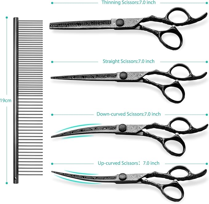Dog Grooming Scissors,Black with Safety Round Tips,5 in 1 Curved Dog Scissors for Grooming,Professional Pet Grooming Shears Set for Dogs and Cats