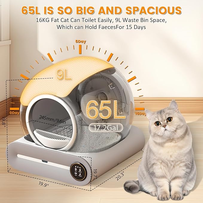 Self Cleaning Cat Litter Box, 65L+ 9 L Extra Large Robot Automatic Litter Box for Multiple Cats, APP Control, Deodorization & Negative ion Sterilization with cat litters Boxes Bags,[White]