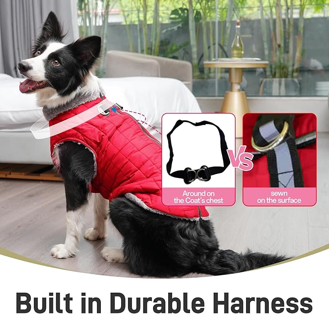 Warm Fleece Dog Coats with Durable Harness Buitl in D-Ring,Waterproof Doggie Jacket for Large Dogs,Dog Vest for Cold Winter,Red XXXL