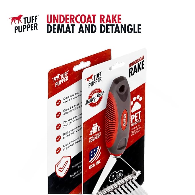 Tuff Pupper Dog Undercoat Rake Tool | Easily & Safely Remove Dead, Matted Or Knotted Hair | Ergonomic Dematting Comb For Thick Coats | Non-Slip Safety Handle Provides Precision Control Against Knots