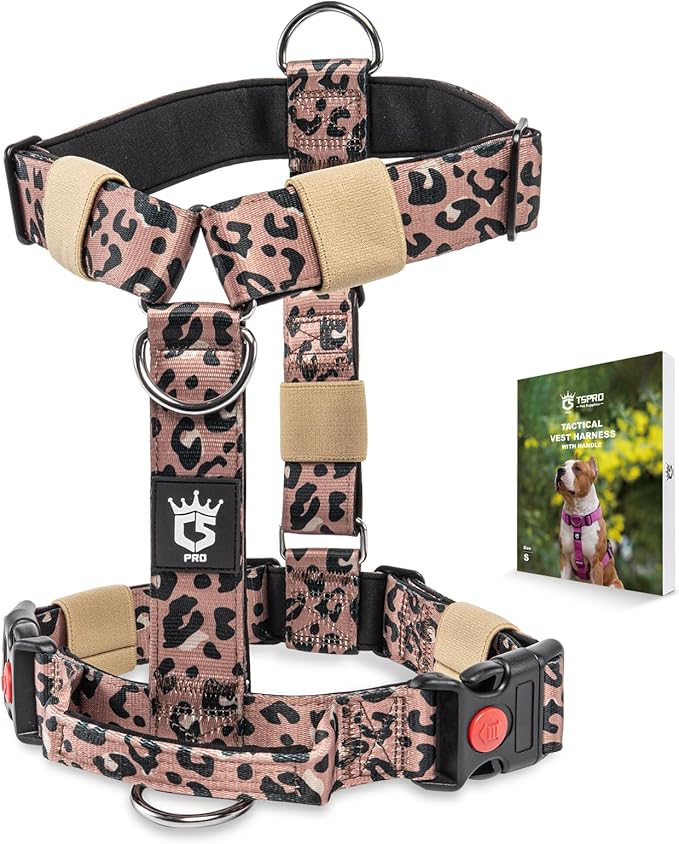 TSPRO Heavy Duty Premium Tactical Dog Harness for Large Dogs, No Pull, Adjustable Fit, Quick-Release Buckle, Padded Handle, Perfect for Hiking, Walking, Running & Training (Leopard Print S 25)