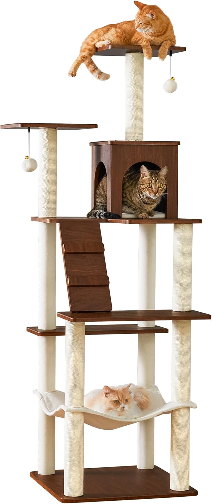 Large Modern Cat Tree - 70 inch Tall Cat Tower for Indoor Cats, Multi-Level Cat Condo with 7 Fully Wrapped Scratching Posts,2 Spacious Perches, Hammock, Cozy Pad & Dangling Balls-Walnut Brown