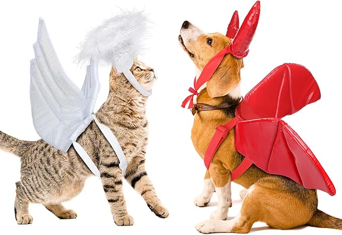 Pet Halloween Costume Angel Dog Costume Wings and Dog Devil Cat Angel Devil Cosplay Outfit Fits Many Pets for Christmas, Halloween Parties, Gifts for Dog & Cat Lovers(White, Red)