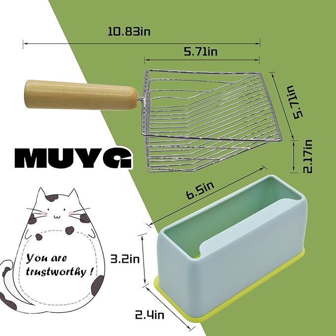 Cat Scooper for Litter Box with Holder,Kitty Litter Scoop Metal Fast Sifting Kitten Poop Shovel Stainless Steel Heavy Duty Cat Pan Scooper with Wood Handle（Blue）