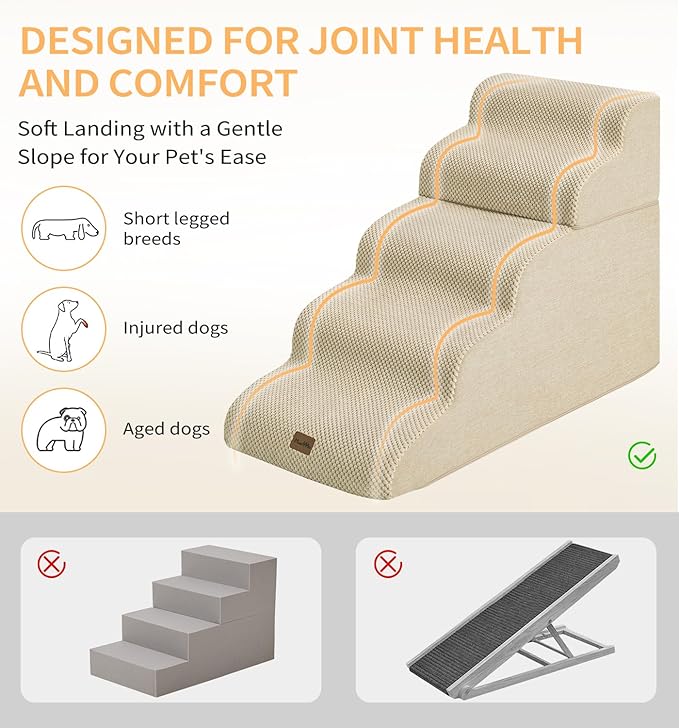Made4Pets Dog Stairs Ramp for High Bed, 5-Step Pet Stairs for Bed Couch Sofa Climbing, 35D Foam Pet Steps for Small Dogs and Cats, Non-Slip Bottom Dog Steps, Beige