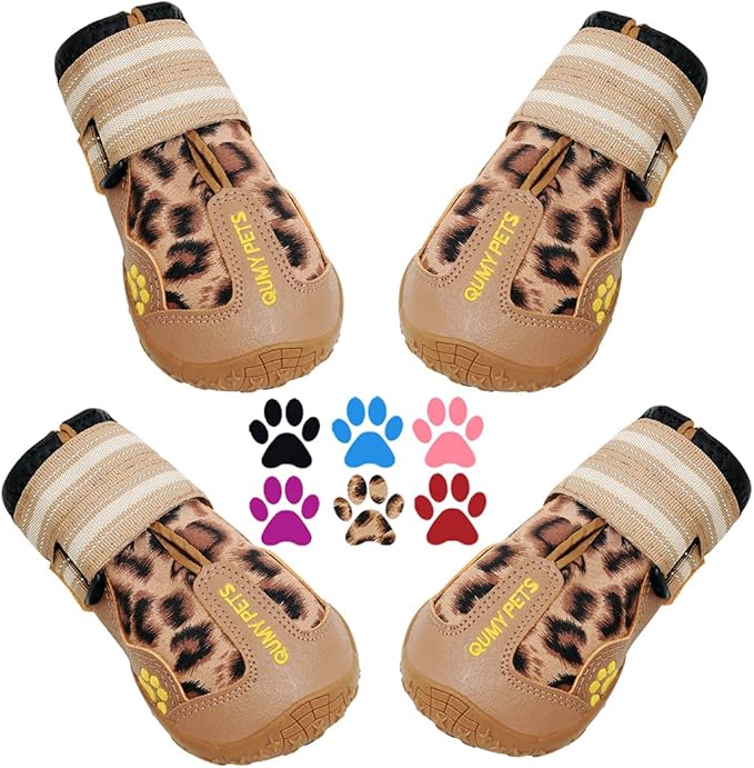 QUMY Dog Shoes for Large Dogs, Medium Dog Boots & Paw Protectors for Winter Snow Day, Summer Hot Pavement, Waterproof in Rain Weather, Outdoor Walking, Indoor Hardfloors Anti Slip Sole Leopard Size 2