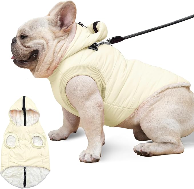 Fleece Lining Dog Hoodie with Harness Built in,Extra Warm Medium Dog Jacket in Winter Doggie Coats with Hooded,Light Yellow L