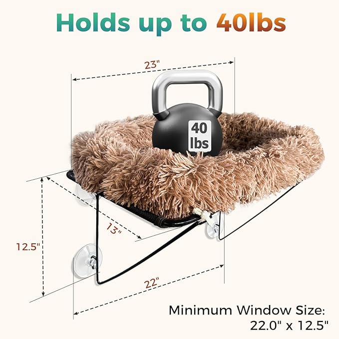 Cat Window Perch, Cordless Cat Hammock Window Seat with Sturdy Metal Frame Supports and 4 Strong Suction Cups (Brown, Long Hair)