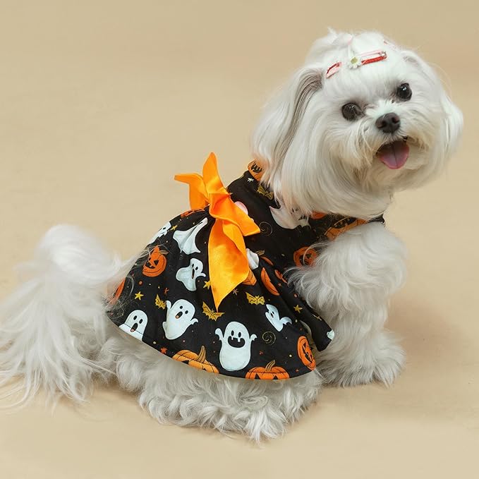 PUPTECK Print Dog Halloween Dress Pet Costumes Apparel with Cute Bowtie Puppy Clothes Outfit, Ghost, XS