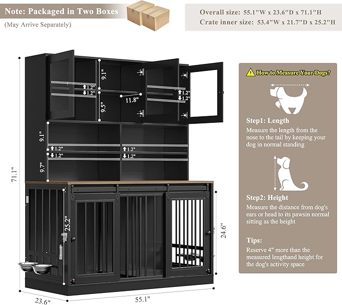 HOSTACK 71" Tall Dog Crate Furniture, 55" W Dog Kennel with Storage Hutch, XL Dog Crate for 2 Dogs with Feeding Bowls, Indoor Heavy Duty Dog Cage with Removable Room Divider, Wooden Pet House, Black