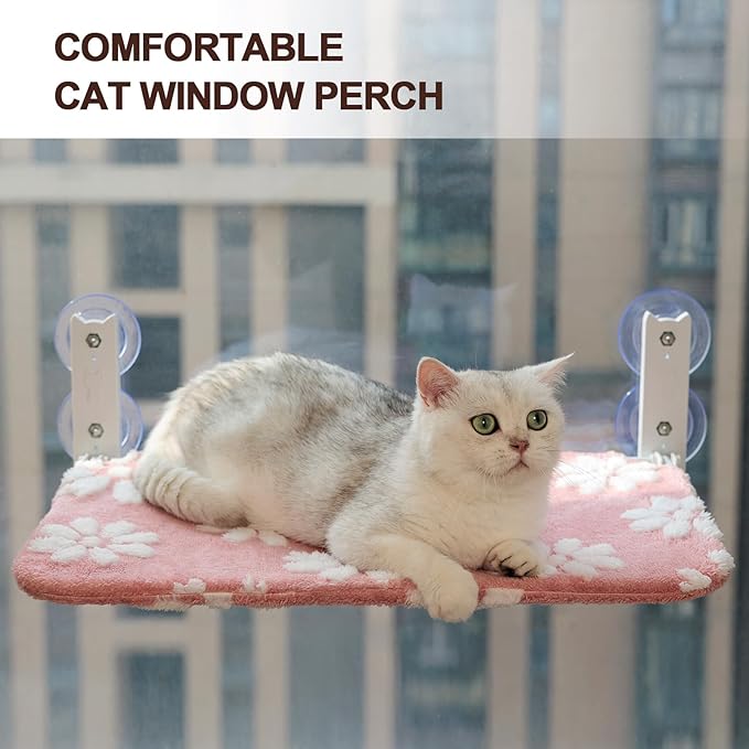 Cat Window Perch, Foldable Cat Window Hammock with Cute 3D Textured Flower Cover and Strong Suction Cups, Cordless Window Seat Bed for Indoor Cats (Pink, Large)