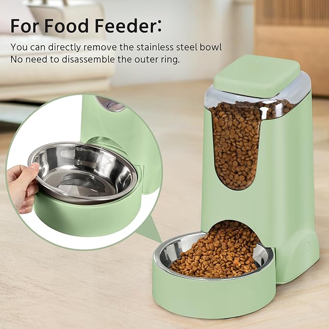 2 Pack Automatic Cat Feeder and Stainless Steel Water Dispenser, Gravity Dog Waterer Set Food Feeder and Waterer Set for Small Medium Kitten Puppy Pets(1 Gallon x 2, Green)