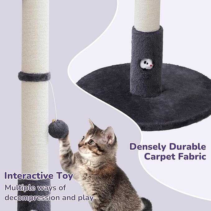 33'' Tall Cat Scratching Post for Adults Cats, Sturdy Large Scratch Pole with Hanging Ball with Fun Mouse Hole, Scratching Posts for Indoor with Durable Natural Sisal Rope (Darkgrey)