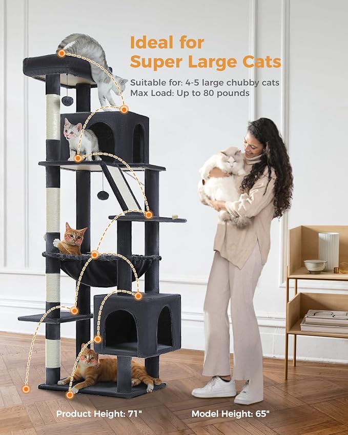 71" Tall Cat Tree for Large Cat 20 lbs with Super Large Hammock, Heavy Duty Cat Tower with 4 Sisal Scratching Posts & 2 Spacious Condos for Big Adult Cats Maine Coon -Dark Grey