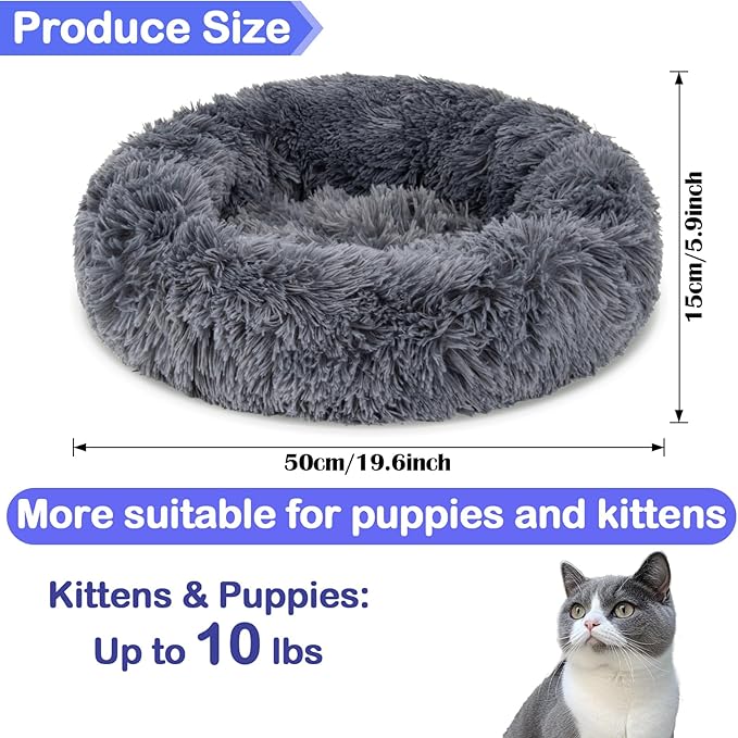 Cat Bed - Calming Cat Bed for Small Kittens Donut Washable Round for Indoor Kittens and Puppies, Anti-Slip Round Fluffy Plush Faux Fur,Large, Dark Blue