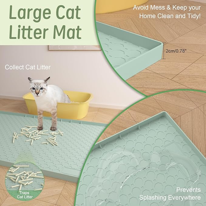 34"x22" Litter Mats Extra Large Easy Clean, Cat Litter Mat Large, Silicone Dog or Cats Feeding mat Waterproof, Cat Litter Mats for Indoor Cats, Green