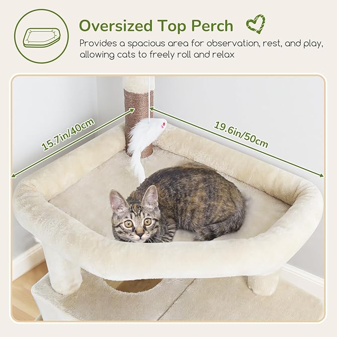 Globlazer Large Cat Tree Tower, Tall Cat Tree Condos for Indoor Cats Large Adult Cat Climbing Tower with 2 Spacious Caves, Oversized Top Perch, Big Hanging Basket, Cat Teaser Wand, F74B, Beige