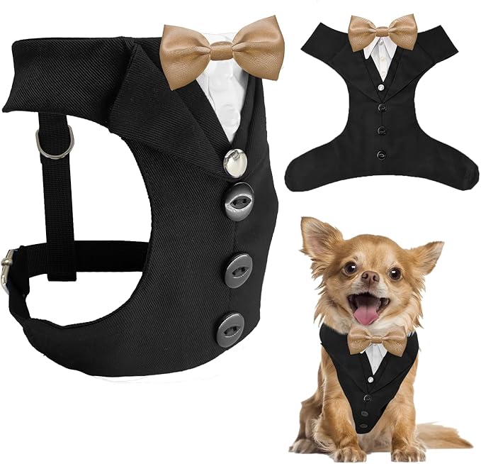 AVERYDAY XS Pet Tuxedo Harness, Wedding Costume Outfit for Small Dogs, Slim Cats and Tiny Pets with 8.3" Neck, 13-14.6" Chest, 10" Max Head Girth, Formal Suit Costume for Mini Breeds