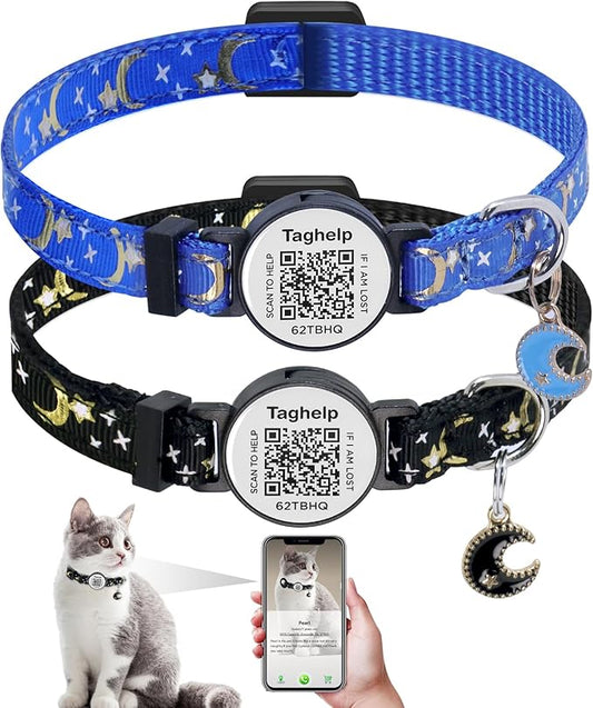 2 Pack Stars and Moon, Solid & Safe Safety Plaid Kitten Collars with QR ID Tag for Girl Boy for Cats, Pet Collar, Breakaway Cat Collar,Silent, Lightweight,Durable QR Code Pet ID Tags (Black&Blue)