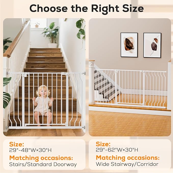 Baby Gate for Stairs, Baby Safety Essentials, Auto Close Gate for Doorways, Easy Install Pressure Mounted Dog Gate Indoor, Pet Gates for Dogs, White