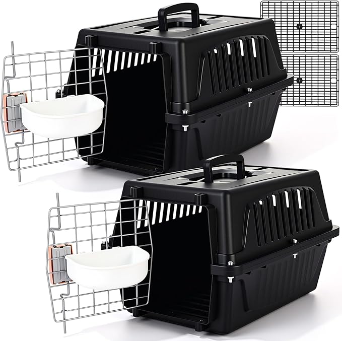 2 Set 18.9" Pet Carrier for Small Cats and Dogs, Hard Sided Plastic Cat Kennel for Pet with Front Door Security Lock Fully Breathable Travel Crate, up to 13 Lbs(Black,18.9 x 12.6 x 11.8 Inch)