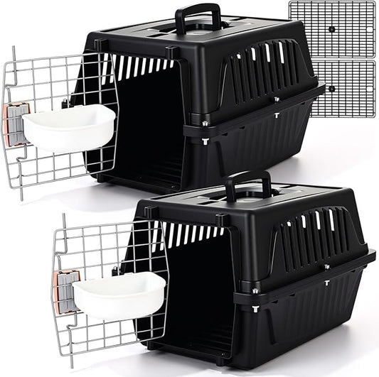 2 Set 18.9" Pet Carrier for Small Cats and Dogs, Hard Sided Plastic Cat Kennel for Pet with Front Door Security Lock Fully Breathable Travel Crate, up to 13 Lbs(Black,18.9 x 12.6 x 11.8 Inch)