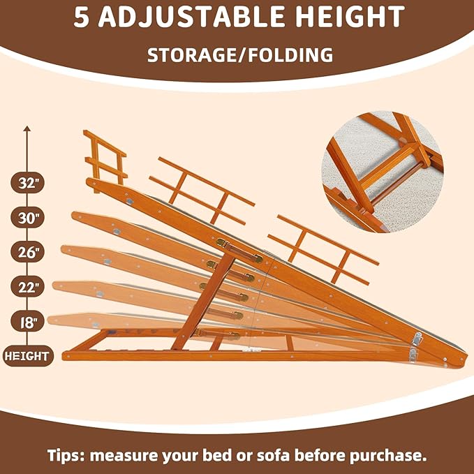 Dog Ramp for Bed - 65" Length, Supports up to 32" Height,Includes Non-Slip Replaceable Carpet, Safety Rails &Landing Platform,Adjustable & Foldable Pet Ramp for Large/Senior Dogs to Get on Bed-Walnut