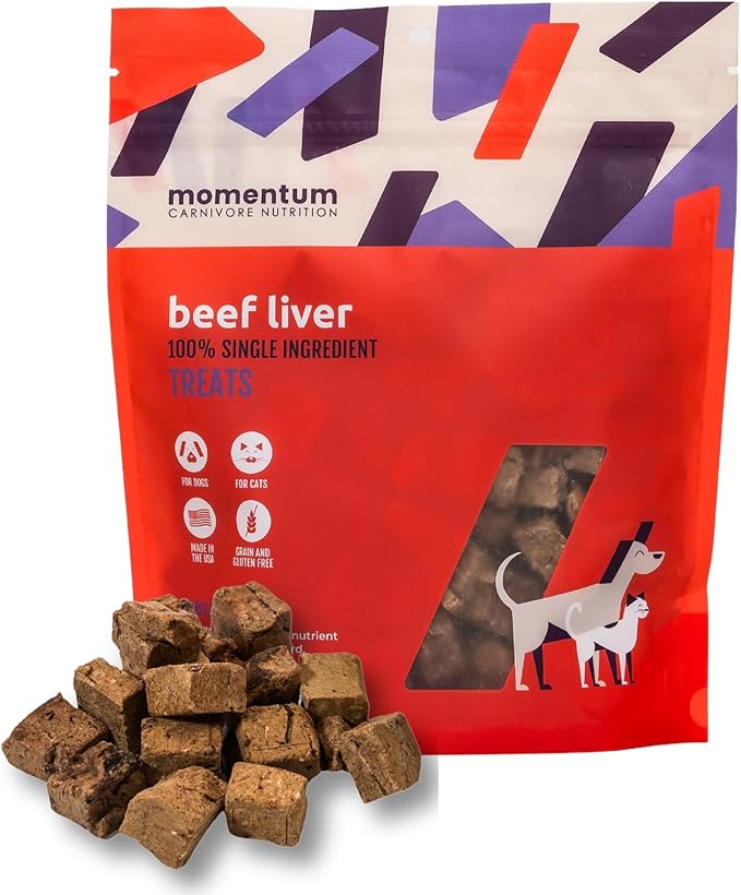 Momentum Carnivore Nutrition Freeze-Dried Beef Liver Dog Treats – Single-Ingredient, Dog & Cat Treats – High-Protein, Grain-Free– 4 oz Bag