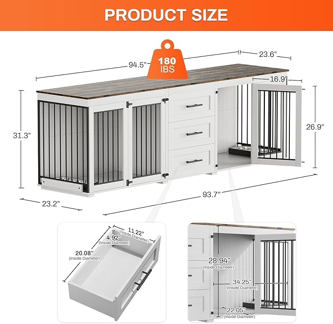 Rophefx 94.5" Dog Crate Furniture for 2 Dogs, Large Dog Kennel Furniture with 3 Storage Drawer, Wooden Dog Cage with 4 Bowls, Indoor Dog House TV Stand with Locks for Large Medium Dog, White Brown