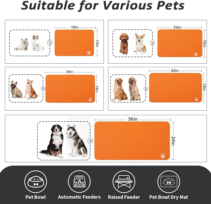 Pet Feeding Mat - Absorbent Dog Mat for Food and Water, No Stains Cat Bowl Mat, Easy to Clean Pet Placemats, Quick Dry Dog Water Dispenser Mat for Messy Drinkers | Paw Orange 18"x34"