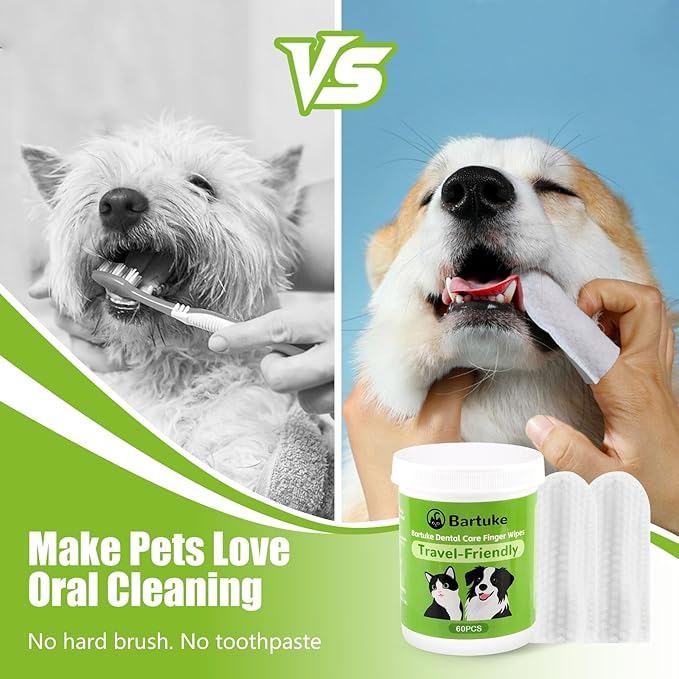 Pet Dental Care Finger Wipes, 60 Counts Teeth Cleaning Finger Wipes for Dogs & Cats, Reduces Plaque & Tartar Disposable Gentle Cleaning & Gum Care Pet Wipes