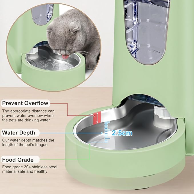2 Pack Automatic Cat Feeder and Stainless Steel Water Dispenser, Gravity Dog Waterer Set Food Feeder and Waterer Set for Small Medium Kitten Puppy Pets(1 Gallon x 2, Green)