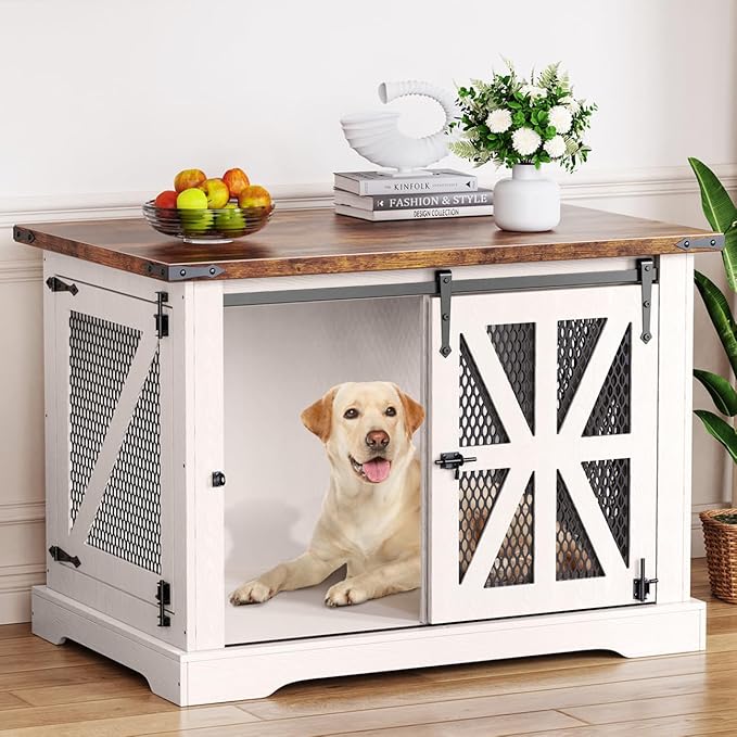 VOPEAK 40" Farmhouse Dog Crate Furniture, Heavy Duty Dog Crate for Medium Large Dogs, Dog Cage Dog Kennel Indoor with Double Doors, Chew Resistant End Table for Bedroom Living Room, White