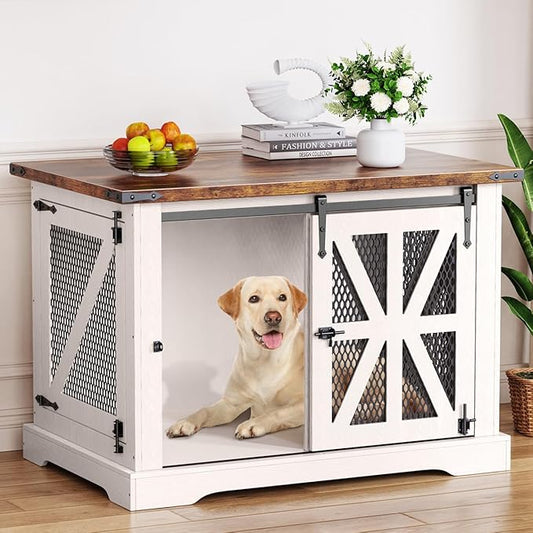VOPEAK 40" Farmhouse Dog Crate Furniture, Heavy Duty Dog Crate for Medium Large Dogs, Dog Cage Dog Kennel Indoor with Double Doors, Chew Resistant End Table for Bedroom Living Room, White
