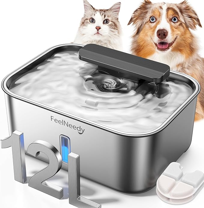FEELNEEDY 3 Gal Stainless Steel Dog Water Fountain for Large Dog, Pet Water Fountain, Dog Water Bowl Dispenser with Water Level Window, Super Quiet for S-L Dogs and Multi-Pet, Easy to Clean(FN-W13)