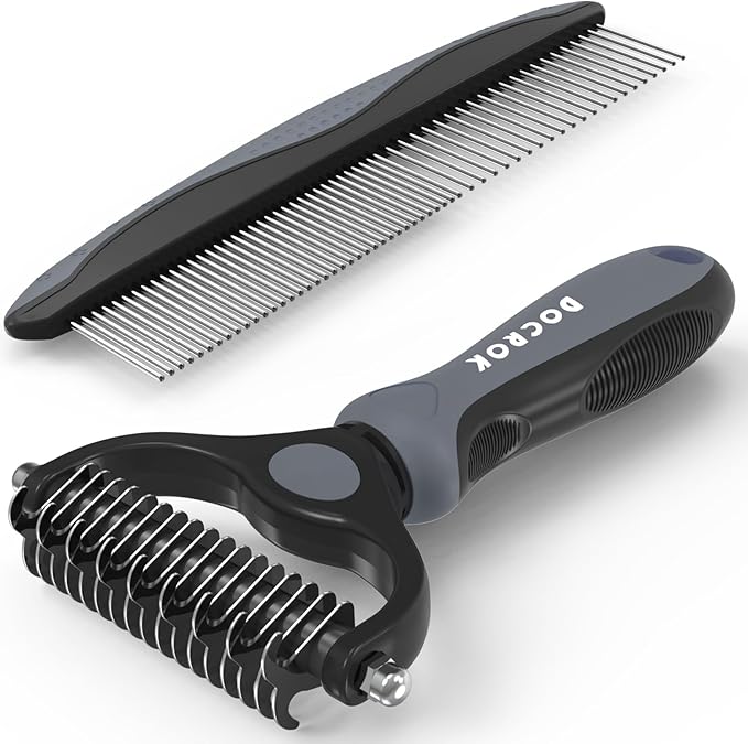 Pet Grooming Brush and Metal Comb Combo, Cat Brush Dog Brush for Shedding, Undercoat Rake for Dogs Grooming, Dematting Deshedding Brush Dogs Shedding Tool for Long matted Haired Pets, Gray