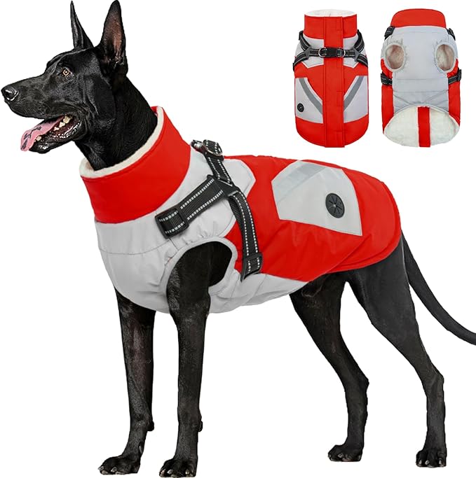 FUAMEY Dog Winter Jackets for Large Dogs,Dog Coat with Harness Built in,Waterproof Dogs Snowsuits Warm Pet Jacket Zip Up Fleece Cold Weather Coats Reflective Puppy Vest with Pocket Red 2XL