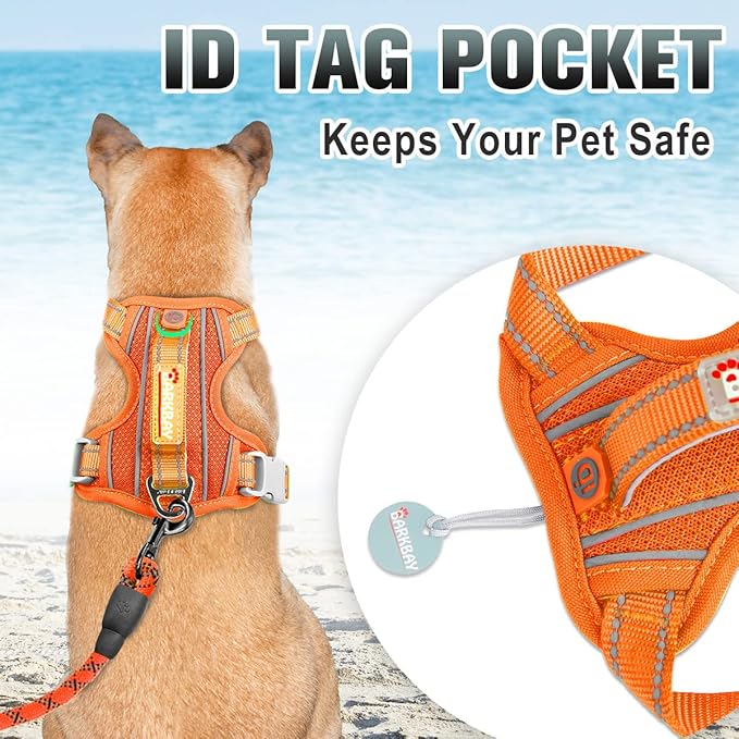 BARKBAY No Pull Dog Harness Large Reflective Dog Harness with Front Clip and Easy Control Handle for Walking Training Running with ID tag Pocket(Orange,XL)