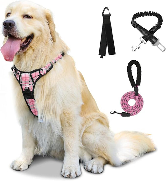 FURRYFECTION Plaid Dog Harness for Medium Dogs | No Pull Reflective Pet Harness | No Choke Adjustable Dog Vest Harnesses | with Leash | Easy Control Handle | Front Lead | Seat Belt | Pink&Black| M