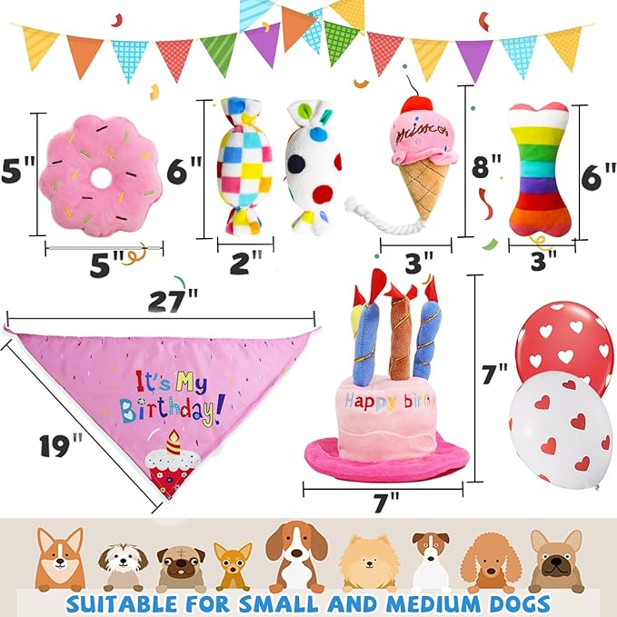Dog Birthday Toys Girl, Squeaky Plush Birthday Cake Hat Bandana, Birthday Gifts for Small & Medium Dog, 9 Pack Pink
