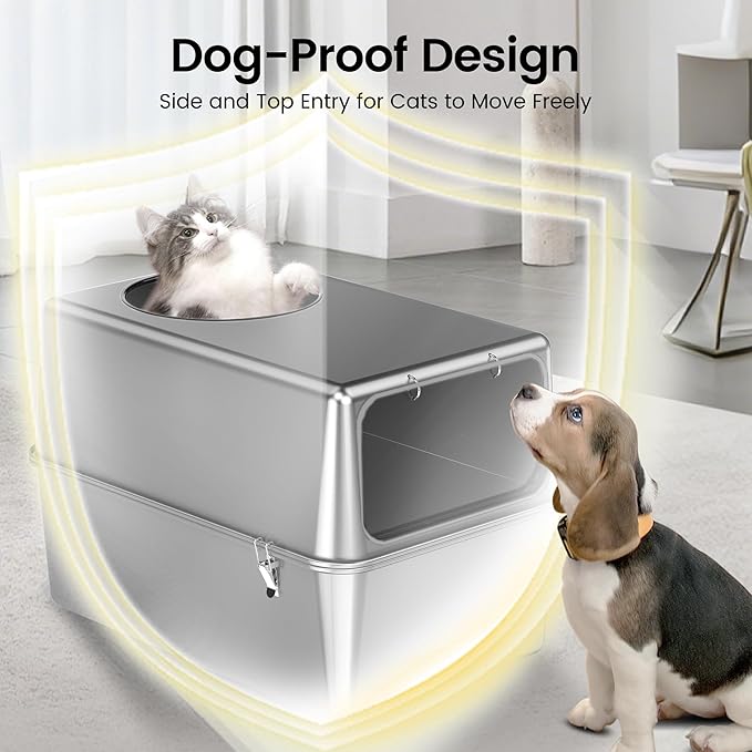 Stainless Steel Litter Box with Lid – Dog Proof, XL Enclosed Metal, High Side, Odor Control, for Big Cats & Multi-Cat Household, Top and Front Entry (Grey Silicone Edge)