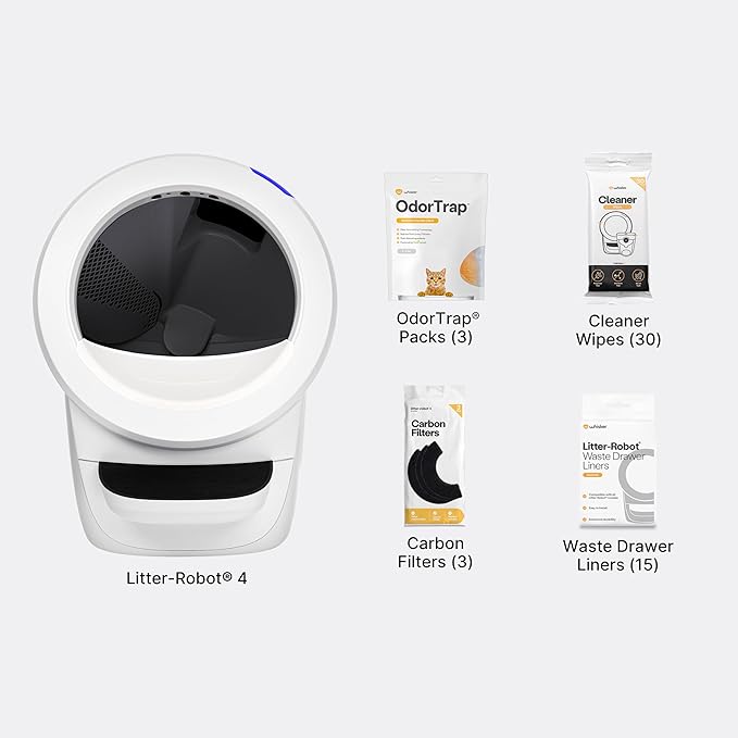 Litter-Robot 4 Supply Bundle by Whisker, White - Automatic, Self-Cleaning Cat Litter Box, WiFi Enabled, Includes Litter-Robot 4, 3 OdorTrap Refills, 10 Liners, 30 Cleaner Wipes, & 2 Carbon Filters