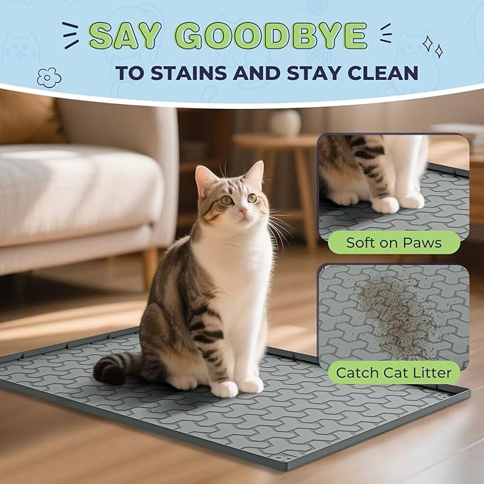 Silicone Cat Litter Mat for Litter Box - 34" X 22"Waterproof Urine - Proof Mat, Non - Slip Trapping Pad to Keep Floor Clean, Easy to Clean Cat Floor Mat（Deep Gray