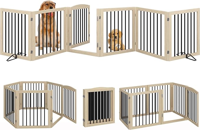 Vantas Folding Pet Gate 144" Wide, 30" Tall No-Assembly Wooden Dog Gate With Door Walk Through, Freestanding Puppy Safety Fence, 2PCS Support - Natural White